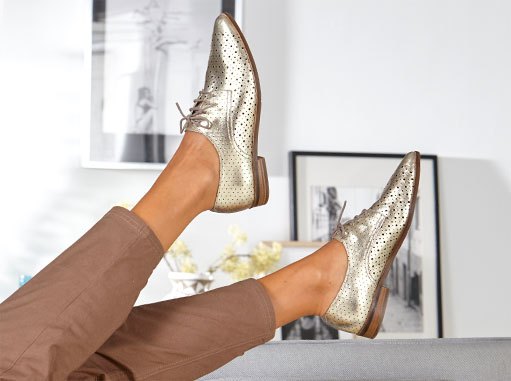 Derbies chaussures femme cuir dorées perforées - Blancheporte