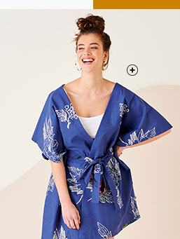 Kimono ceinturé manches évasées bleu imprimé coton upcycling - Blancheporte 