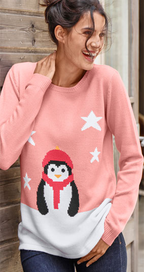 Roze kersttrui met pinguïn voor dames