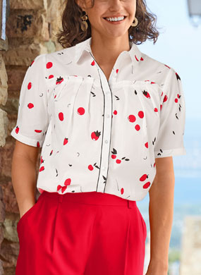 Chemise blanche imprimée fruits rouges découpes volantées en coton manches courtes pas cher - Blancheporte