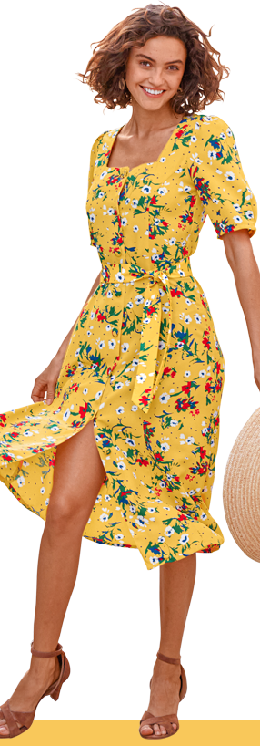 Robe jaune mi-longue col carré imprimée fleurs ceinturée manches courtes pas cher - Blancheporte