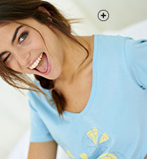 Kort blauw nachthemd met print, V-hals en korte mouwen in biokatoen Oeko-Tex®, eco-verantwoord en goedkoop - Blancheporte