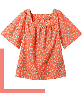 Wijde, oranje bloes met bloemenmotief, vierkante hals en korte mouwen in katoen - goedkoop - Blancheporte