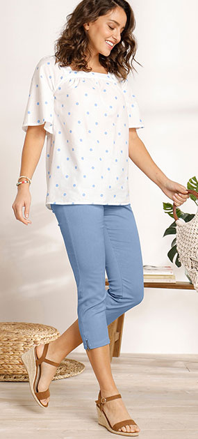 Wijde, witte bloes met vierkante hals, blauwe stippenprint en korte mouwen in katoen - goedkoop - Blancheporte