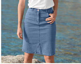 Jupe en jean bleue mi-longue fendue devant, éco-responsable coupe droite avec poches - Oeko-Tex®