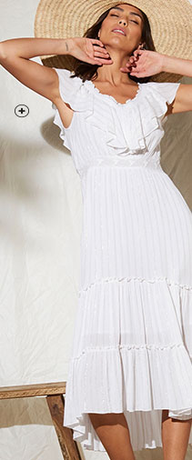 Lange witte jurk met brede strook, V-hals en korte mouwen Coeur au Sud®, goedkoop - Blancheporte