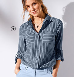 Chemise en jean denim rayée bleue et blanche manches longues col chemise Colors & Co® pas cher - Blancheporte