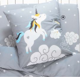 Idée cadeau enfant Noël : Parure de lit gris imprimé licorne 1 personne coton Oeko-Tex® pas cher - Blancheporte