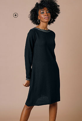 Zwarte, glinsterende trui-jurk voor dames in A-lijn met boothals en kasjmiertouch goedkoop - Blancheporte