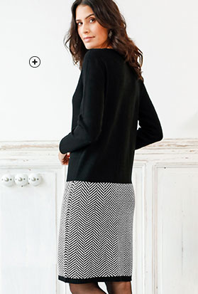Trui-jurk voor dames in zwart en wit met onderkant in jacquard goedkoop - Blancheporte