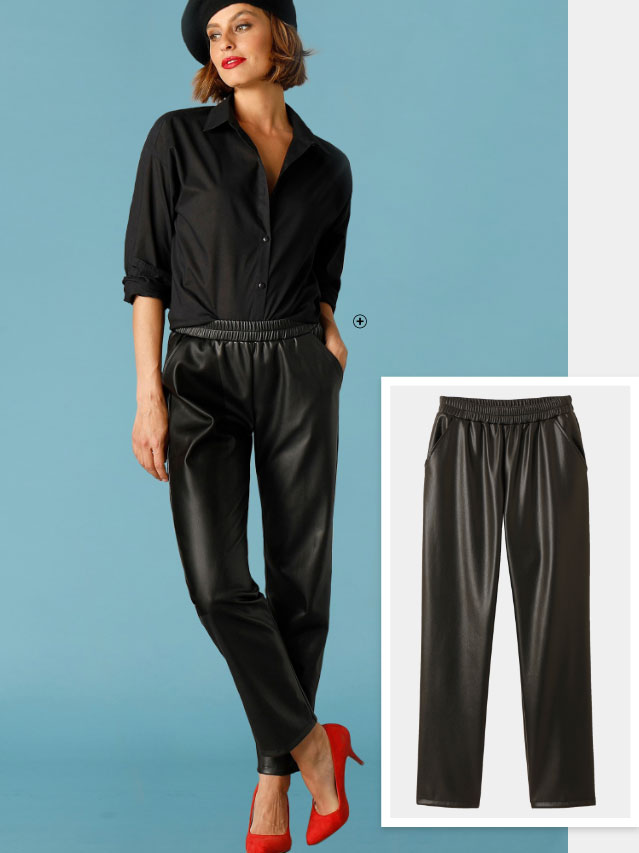 Zwarte, rechte broek voor dames in joggpant-stijl met elastische taille en leeraspect, goedkoop - Blancheporte