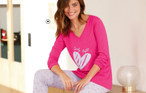 Pyjamashirt en -broek in roze voor dames met lange mouwen en hartjesprint, goedkoop - Blancheporte