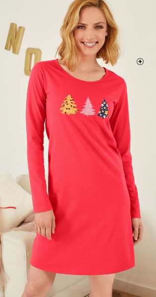 Rood nachthemd voor dames met lange mouwen, ronde hals en kerstboomprint, goedkoop - Blancheporte