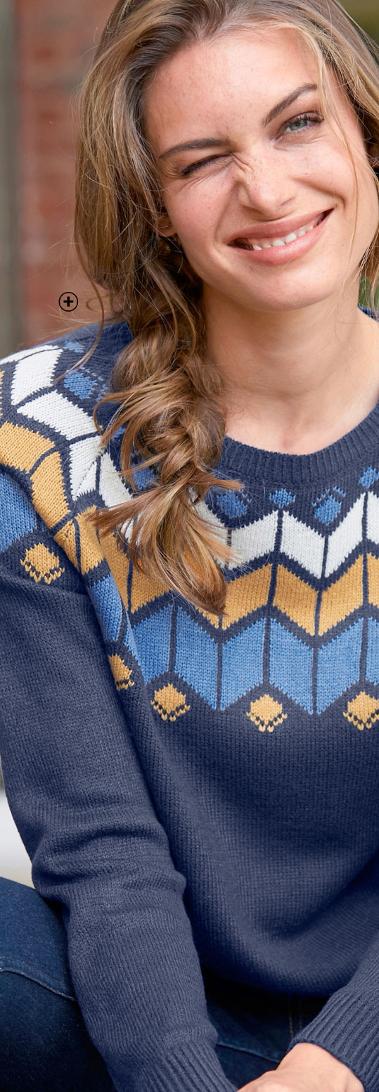 Blauwe trui voor dames met jacquardmotief, ronde hals, kasjmiertouch en lange mouwen, goedkoop - Blancheporte