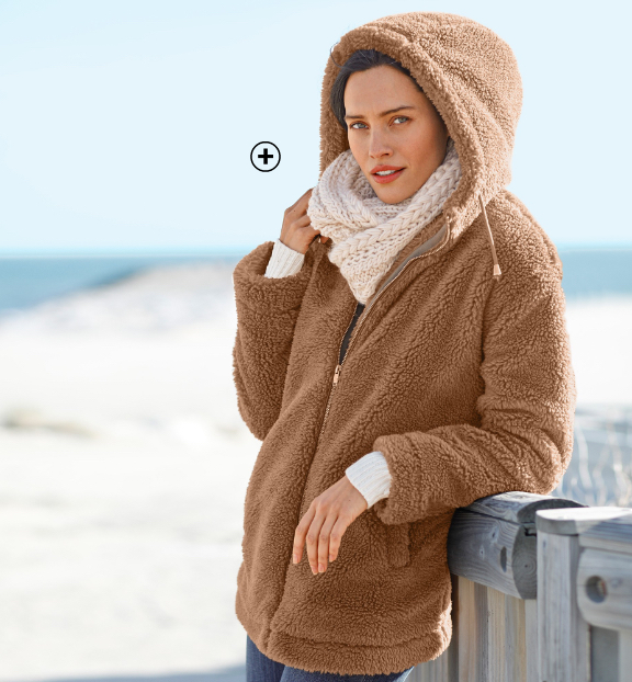 Manteau femme hiver marron moumoute à capuche maille bouclette col montant pas cher - Blancheporte