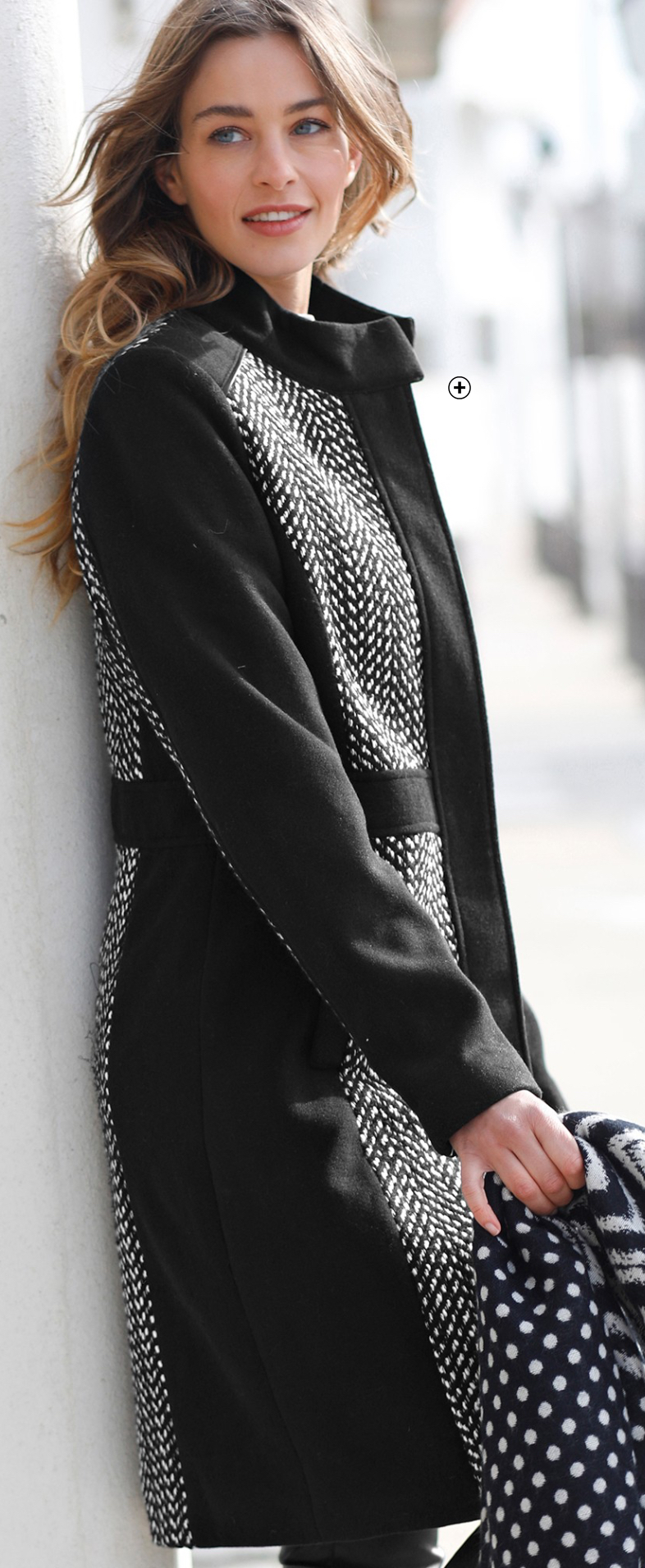 Halflange wintermantel voor dames met zwart-witte print en opstaande kraag in tweed, goedkoop - Blancheporte
