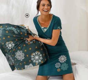 Kort nachthemd voor dames van 100% katoen in bedrukt groen Sierra, goedkoop | Blancheporte