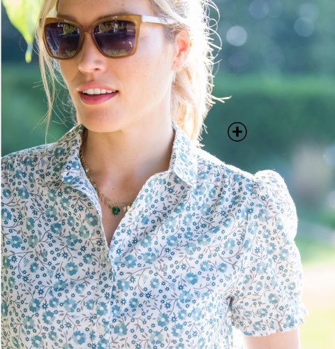 Chemise femme écru imprimée fleurs coton boutonnée manches courtes col chemisier pas cher - Blancheporte