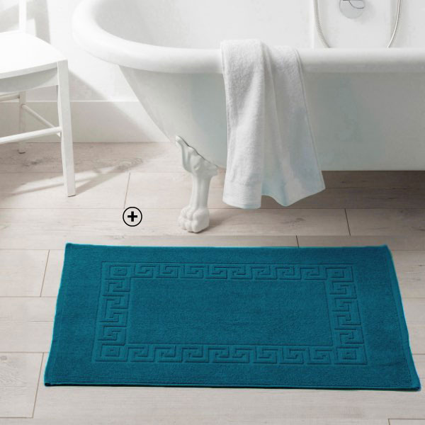 Tapis de bain bleu éponge coton 100g/m² motif grec pas cher - Blancheporte