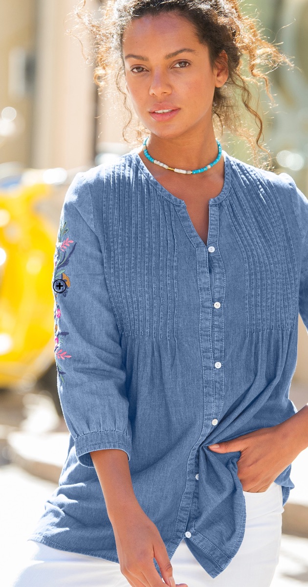 Tunique en jean femme bleue légère boutonnée brodée pas cher - Blancheporte