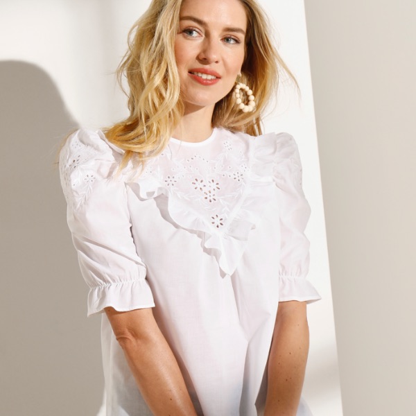 Blouse femme blanche broderie anglaise coton col rond pas cher - Blancheporte
