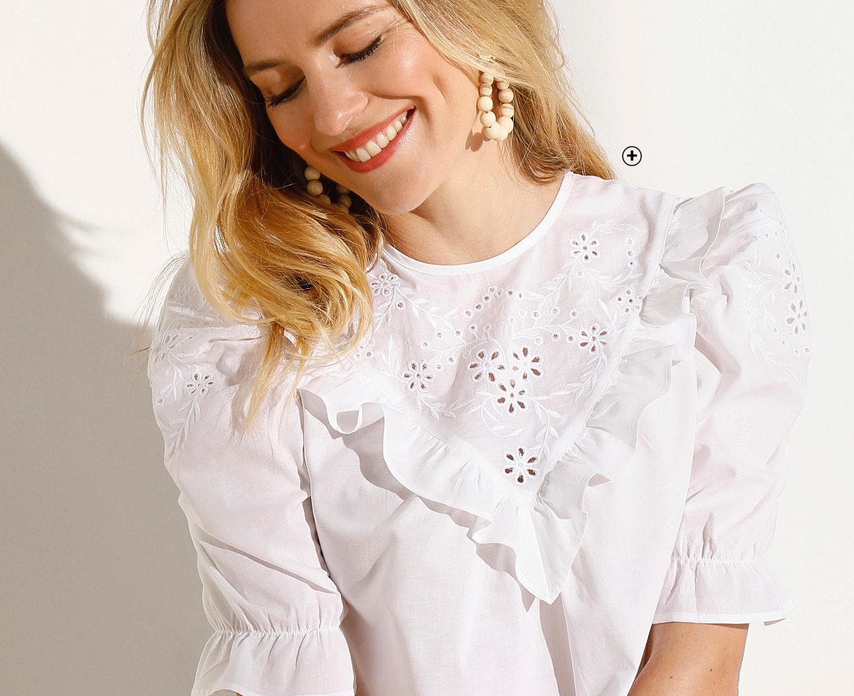 Blouse femme blanche broderie anglaise coton col rond pas cher - Blancheporte