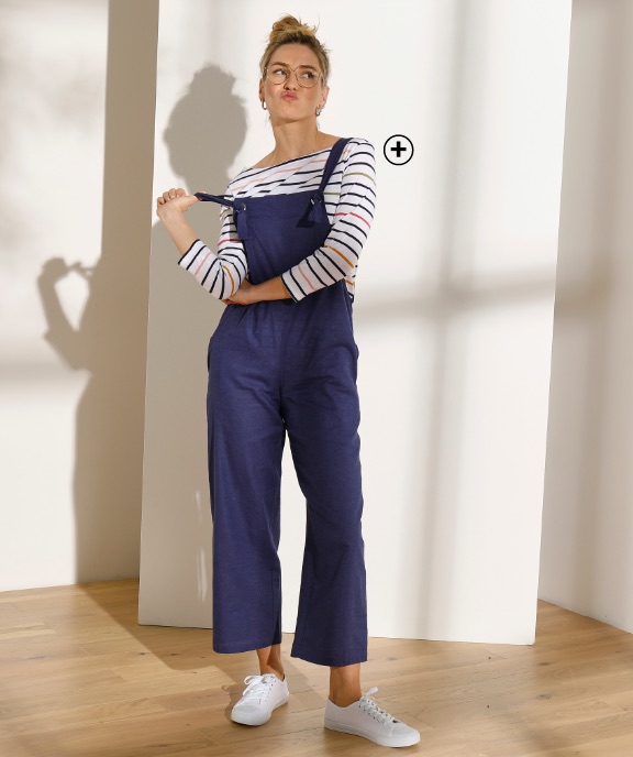 Blauwe damessalopette van linnen en katoen in ruim model met bandjes Oeko-Tex®, goedkoop - Blancheporte