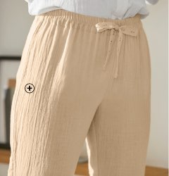 Pantalon jogpant femme beige taille élastique gaze de coton pas cher - Blancheporte