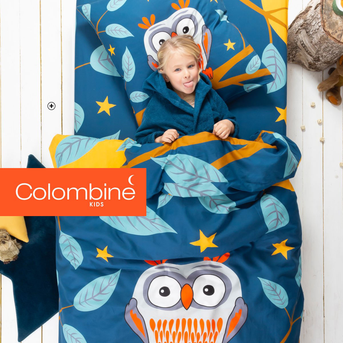 Blauw bedlinnen voor kinderen Chouki Colombine Kids® in katoen met uiltjesprint, goedkoop | Blancheporte