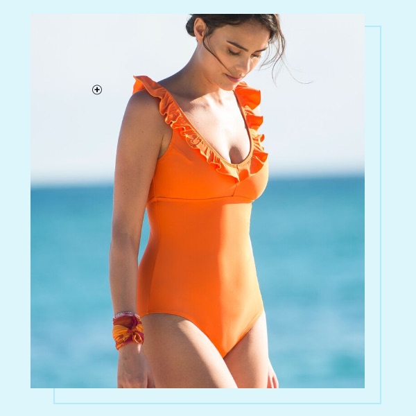 Oranje damesbadpak zonder beugels met stroken, goedkoop - Blancheporte