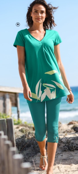 Tunique femme vert clair imprimée feuilles fluide manches courtes col V pas cher - Blancheporte