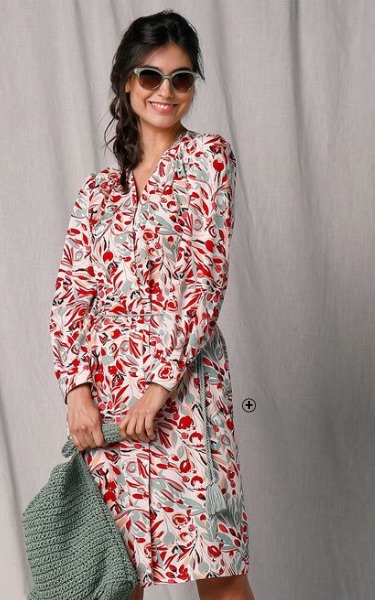 Halflange hemdjurk voor dames in ecru/rood bedrukte crêpe Lora Zellini®, goedkoop | Blancheporte