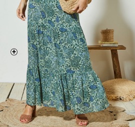 Lange rok voor dames 92 cm met ceintuur en kasjmierprint in kaki en blauw, goedkoop | Blancheporte