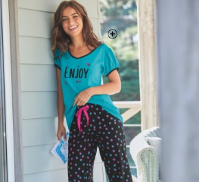 Blauw pyjamashirt voor dames in katoen met "Enjoy" print en korte mouwen Oeko-Tex®, goedkoop - Blancheporte