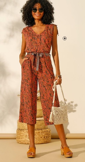 Bruin damesshirt met koraal bladerenprint en V-hals in stretchstof, goedkoop - Blancheporte