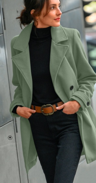 Manteau femme vert caban long drap de laine manches longues pas cher - Blancheporte