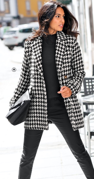 Manteau femme caban mi-long noir imprimé pied-de-poule manches longues drap de laine pas cher - Blancheporte