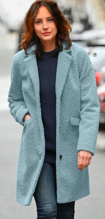 Manteau femme bleu clair long sans capuche maille bouclette col tailleur pas cher - Blancheporte