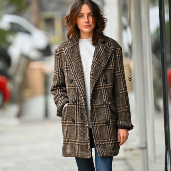 Manteau femme à carreaux ample oversize manches longues col tailleur pas cher - Blancheporte