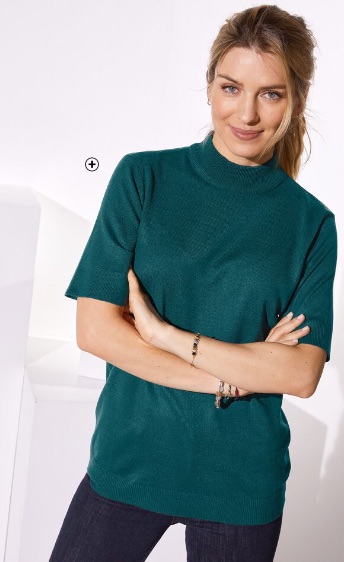 Donkergroene trui voor dames met opstaande kraag, korte mouwen en kasjmiertouch, goedkoop | Blancheporte