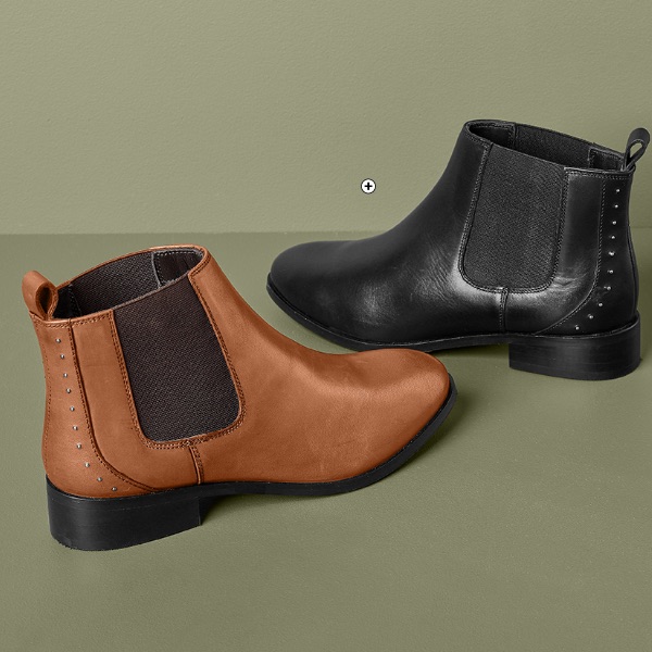 Chelsea boots voor dames met sierspijkertjes in zwart en bruin leer, goedkoop | Blancheporte