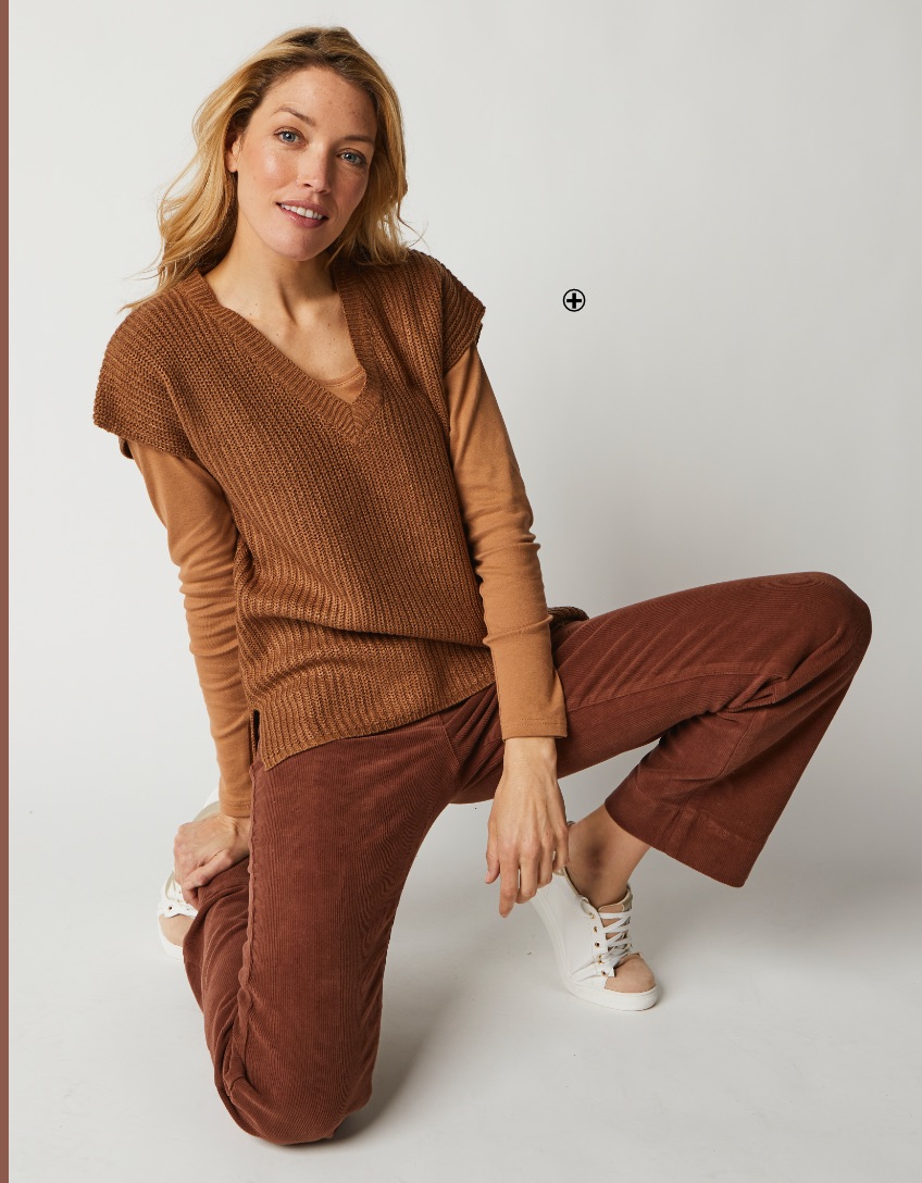Pull femme marron maille manches courtes col V pas cher - Blancheporte