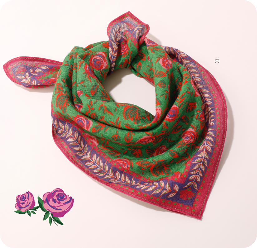 Foulard femme vert et rouge imprimé fleurs carré 48 x 48cm coton bio made in France pas cher - Blancheporte