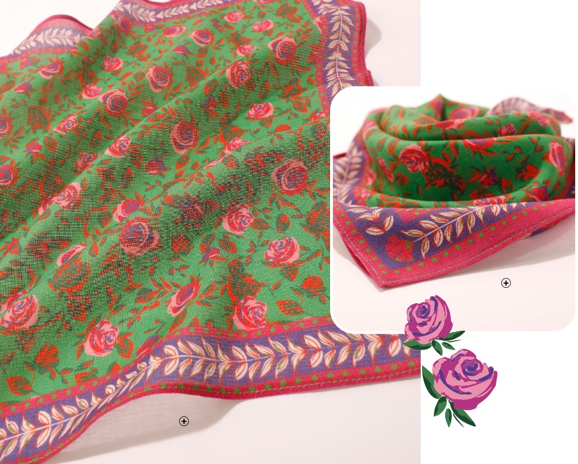 Foulard femme vert et rouge imprimé fleurs carré 48 x 48cm coton bio made in France pas cher - Blancheporte