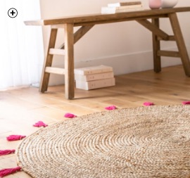 Rond, framboosroze tapijt in jute met 120 cm diameter en pompons, goedkoop | Blancheporte