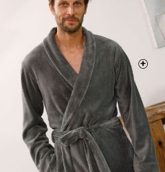 Kerstcadeau-idee voor heren: donkergrijze peignoir in warm tricot met sjaalkraag en lange mouwen, goedkoop - Blancheporte