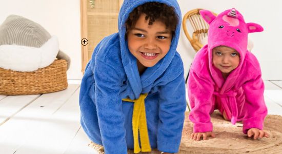 Kerstcadeau-idee voor kinderen: blauwe badjas in katoen 380g/m² met kap en lange mouwen Colombine Kids®, goedkoop - Blancheporte