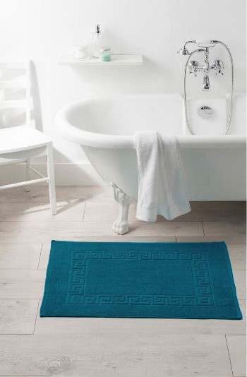 Badmat in badstof met Griekse sierrand in pauwblauw, goedkoop | Blancheporte