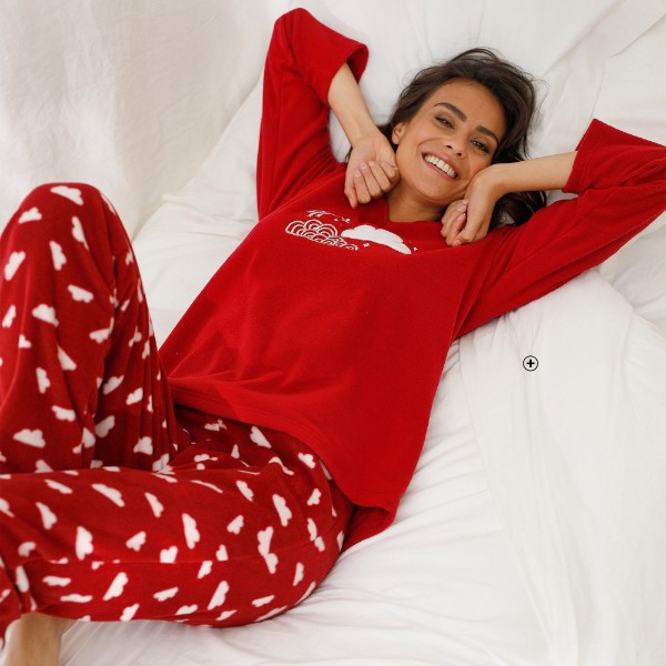 Pyjama femme rouge bordeaux polaire imprimé nuage haut col V manches longues bas taille élastique pas cher - Blancheporte
