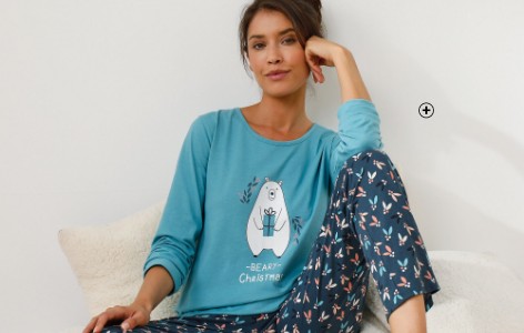 Pyjama femme bleu coton imprimé ours haut col rond manches longues bas taille élastique pas cher - Blancheporte